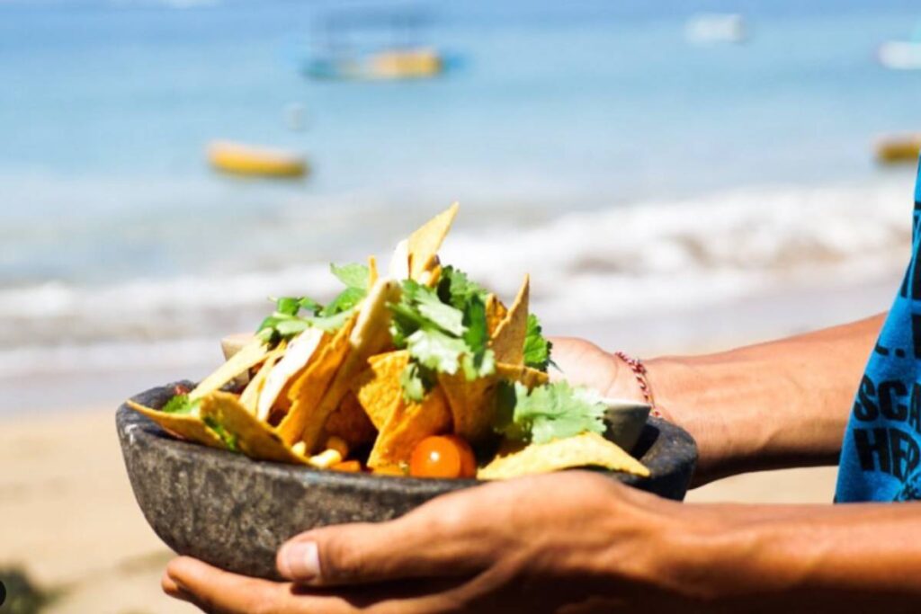 A fresh food bowl being served by the beach in Bali.