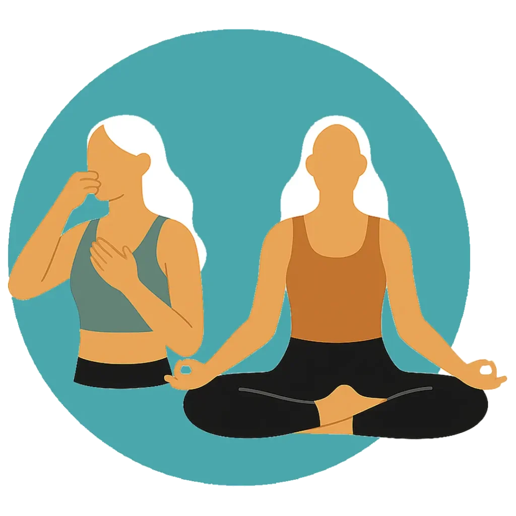 Illustration of two women practicing pranayama and meditation in a calm yoga setting
